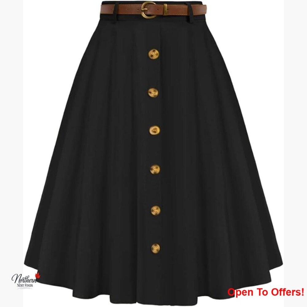Polyester Stretch High Waist A-Line Midi Skirt with Pockets and Belt